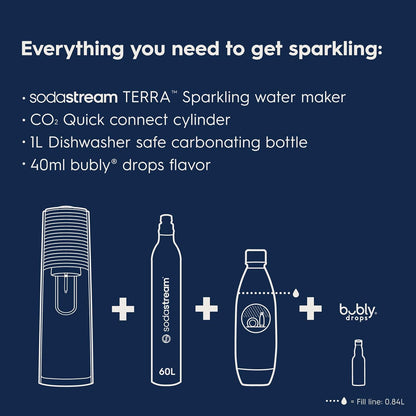 SodaStream Terra Sparkling Water Maker with CO2 Cylinder, 1L Dishwasher Safe Bottle & Bubly Drink (Black)