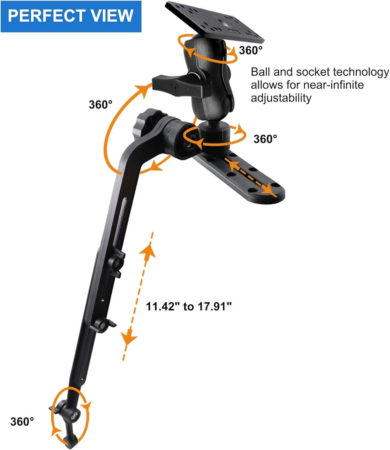 WINDFRD 1.5" Ball Kayak Fish Finder Mount with Transducer Mounting Arm, Marine Electronic Mount Plate with Low Profile Track, Compatible with RAM Mounts, Scotty, Lowrance, Garmin