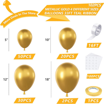 Gold Metallic Chrome Latex Balloon Arch Kit, 102PCS 18In 12In 10In 5In Arch Garland For Festival Picnic, Engagement, Wedding, Birthday Party, Gold Theme Anniversary Decoration With 33FT Ribbon