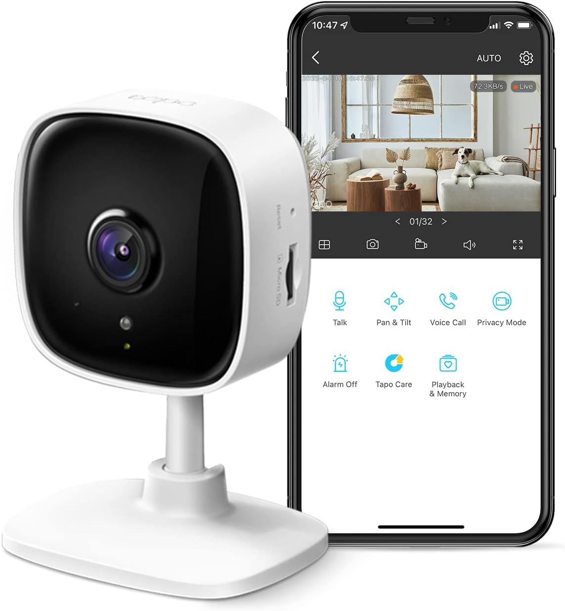 TP-Link Tapo 2K Indoor Home Security WiFi Camera, Up to 30ft Night Vision, Privacy Mode, Sound & Light Alarm, Up to 512 GB microSD Card Slot, Two-Way Audio, Works w/Alexa and Google (Tapo C110)