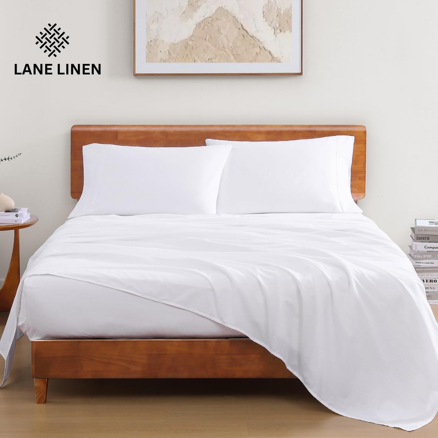 Lane Linen 100% Organic Cotton Queen Sheet Set, 4-Piece Percale Bed Sheets for Queen Bed - Soft, Breathable, Hypoallergenic, Deep Pocket Fits Mattress Up to 15" Deep, Hotel Quality Sheets - White