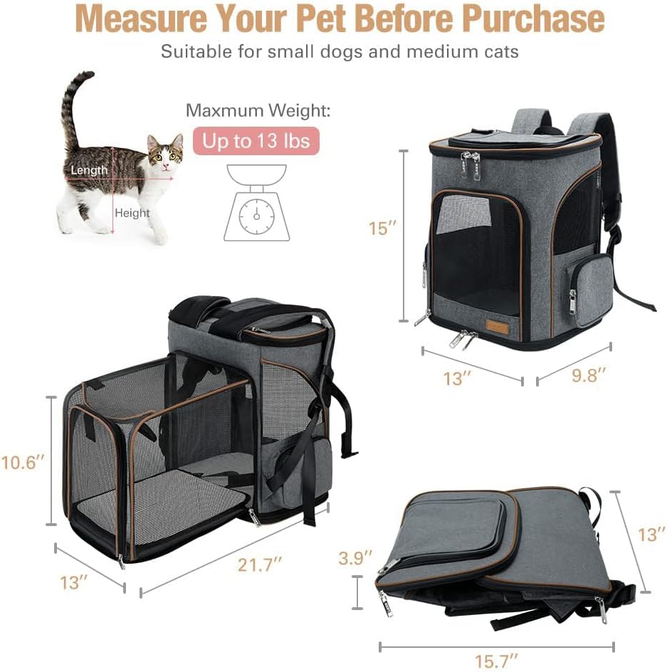 Lekesky Cat Backpack Expandable Dog Carrier Backpack Airline Approved Pet Backpack Carrier for Cats, Small Dogs, Puppies Under 13 Lbs, Grey