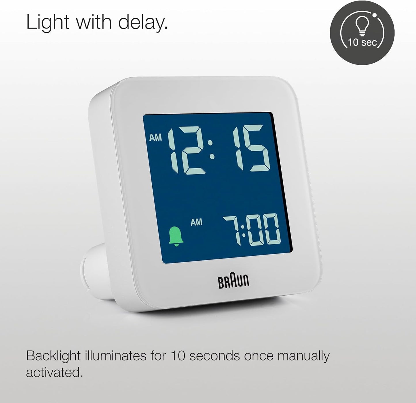 Braun Digital Alarm Clock with Snooze, Negative LCD Display, Quick Set, Crescendo Beep Alarm in White, Model BC09W.