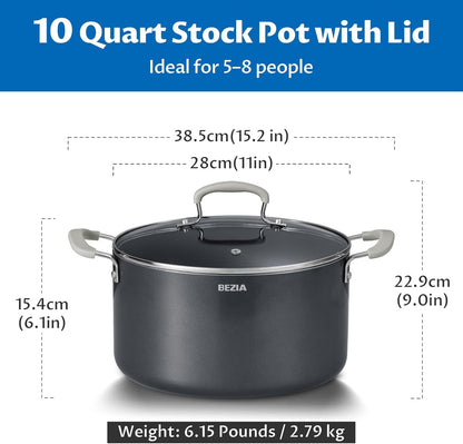 10 Quart Pot with Lid, BEZIA Ceramic Nonstick Stock Pot with Lid, Induction Ready, Large Cooking Pot with Silicone Handle, Compatible with All Cooktops, Dishwasher Safe