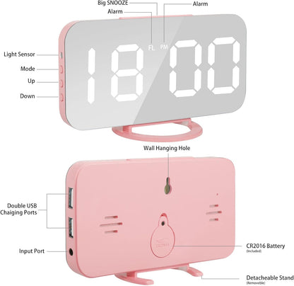 Digital Alarm Clock,Large LED Mirror Display, 2 USB Charging Ports，Auto Dim Mode，Modern Design Clock for Bedroom Office, White