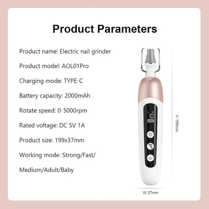 Electric Manicure Pedicure Set, Cordless Nail Files Rechargebale Electric Nail Drill Thick Nails Care Tools with 10 Speeds and LCD Display for Home Salon