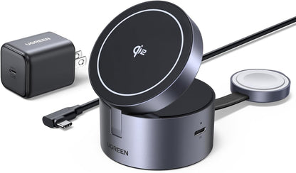 UGREEN MagFlow 15W 3-in-1 Fast Wireless Charger, QI2 Certified Magsafe Foldable Charging Stand Compatible with iPhone 16/15/14/13, AirPods 4/3/2/Pro, iWatch (Includes 45W Adapter and 3FT USBC Cable)