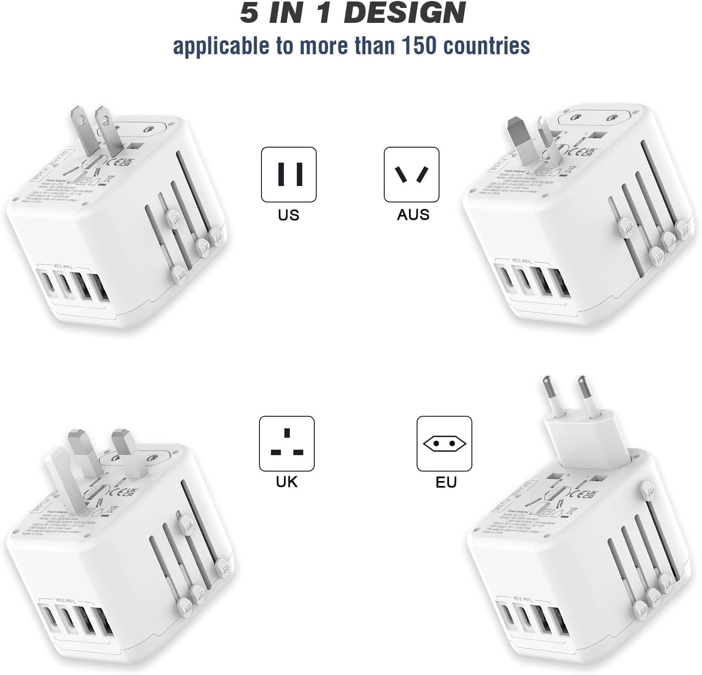 Universal International Power Travel Plug Adapter, 5 in 1 European Travel Plug Adapter W/ 3.5A 2xUSB-A and 2xUSB C Wall Charger and Worldwide AC Outlet for Europe USA UK AUS Asia (White)