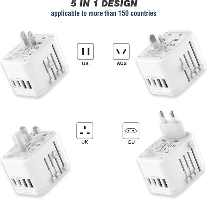 Universal International Power Travel Plug Adapter, 5 in 1 European Travel Plug Adapter W/ 3.5A 2xUSB-A and 2xUSB C Wall Charger and Worldwide AC Outlet for Europe USA UK AUS Asia (White)