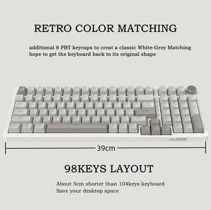 FIRSTBLOOD ONLY Game. AK992 Retro Wired Mechanical Keyboard, 98 Keys Full Layout, Hot-Swappable USB Gaming Keyboard with Red Switches, Multimedia Keys Knob, Blue Backlit, Anti-Ghosting, Grey