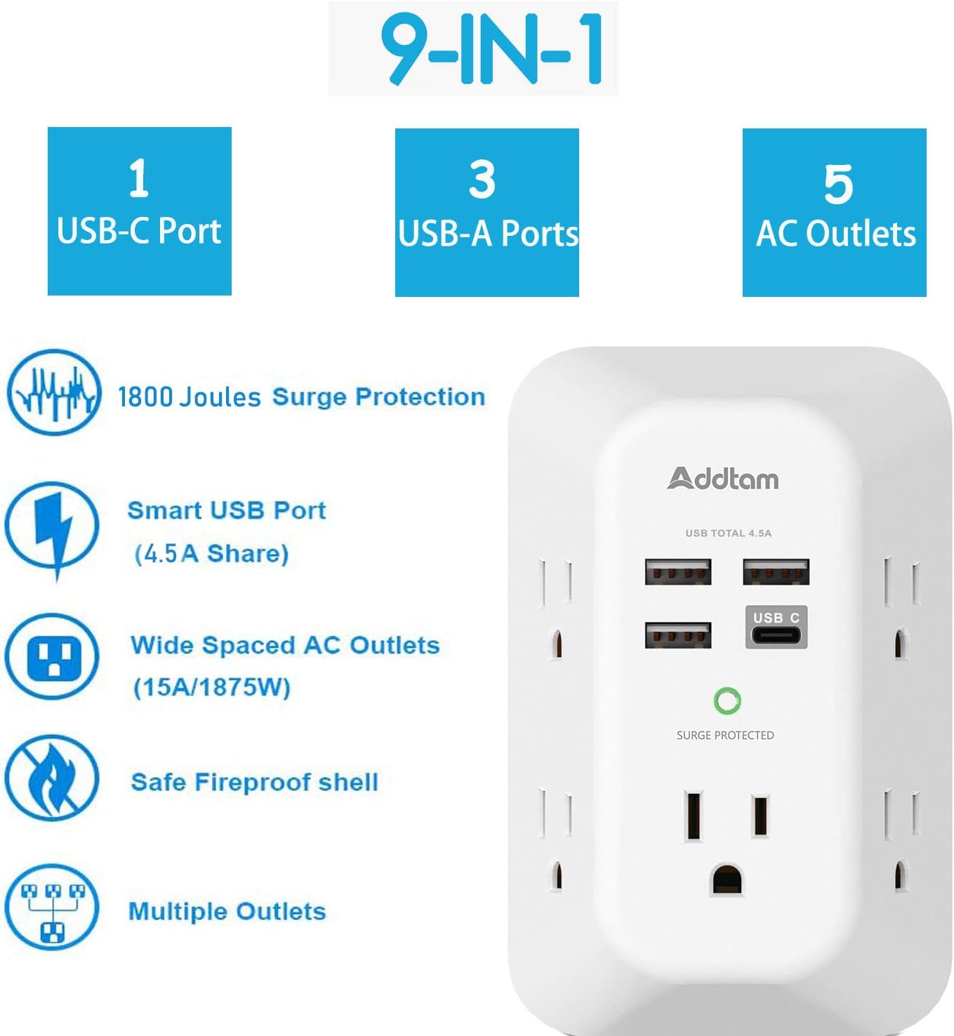 2 Pack Wall Outlet Extender Surge Protector with 5 AC Outlets and 4 USB Charging Ports, 3-Sided Multi Plug Adapter with USB-C, 1800J Power Strip for Home, Office, and Travel - PuriLite