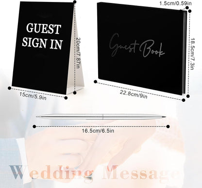 3pcs Wedding Guest Book Set, Romantic Wedding Guest Signature Book with Hard Cover Cherished Modern Script Wedding Book Blank Pages for Wedding Reception Special Events (Black)