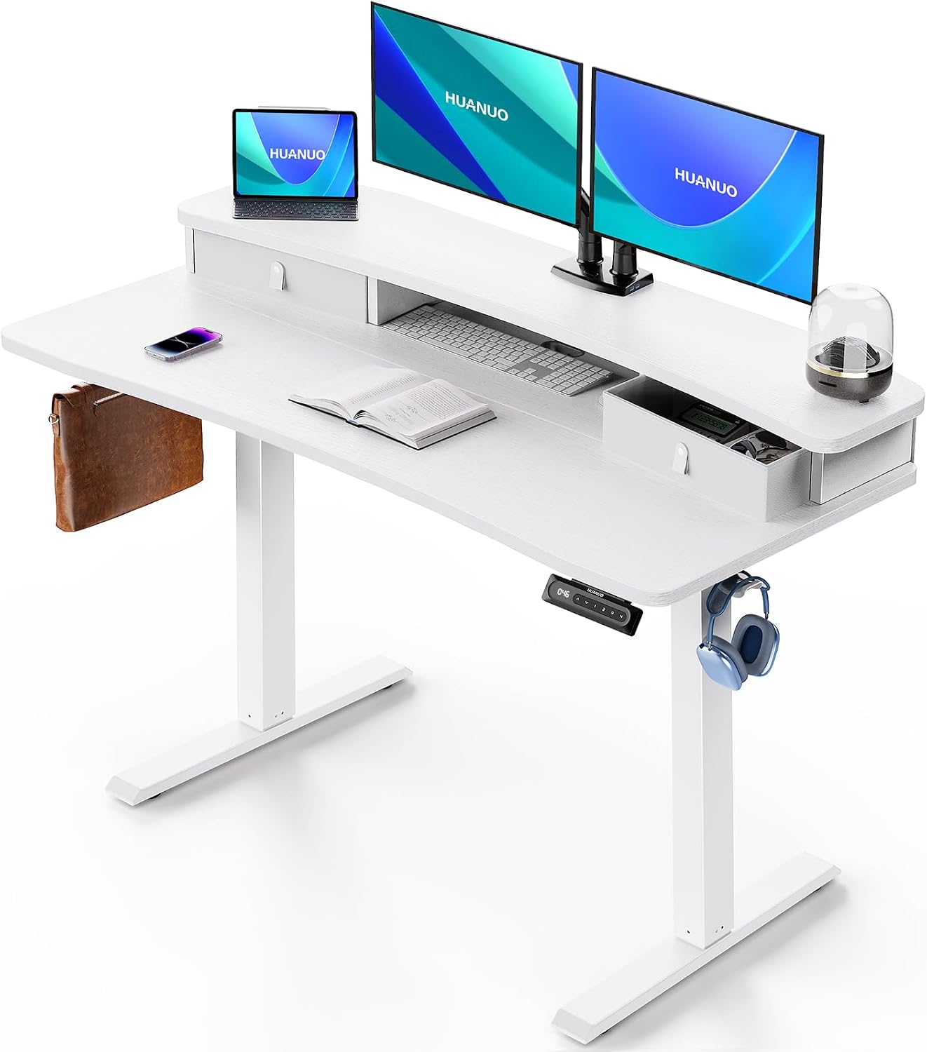 HUANUO 60″ x 30″ Electric Standing Desk with 2 Drawers, C-Clamp Mount Compatible, Height Adjustable Computer Desk, Home Office Stand Up Desk with 4 Preset Heights & 2 Hooks, Vintage Brown