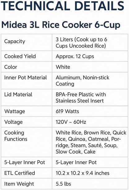 Midea 3L Rice Cooker 6-Cup, Multi-Function Electric Cooker, Non-Stick 5-Layer Inner Pot 2.00mm, 11 Cooking Programs, Quick Rice, Slow Cook, Steamer, Food Warmer, Small Rice Cooker for Family, Compact for Countertop, ETL Certified, White, CRD30LB3APW
