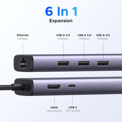 UGREEN Revodok USB C Hub 6-in-1, Type C Adapter with Gigabit to Ethernet Adapter, 4K HDMI, 100W PD, 3 USB 3.0, Compatible with MacBook, iPad, Dell, HP, Surface, Chromebook, Mac mini