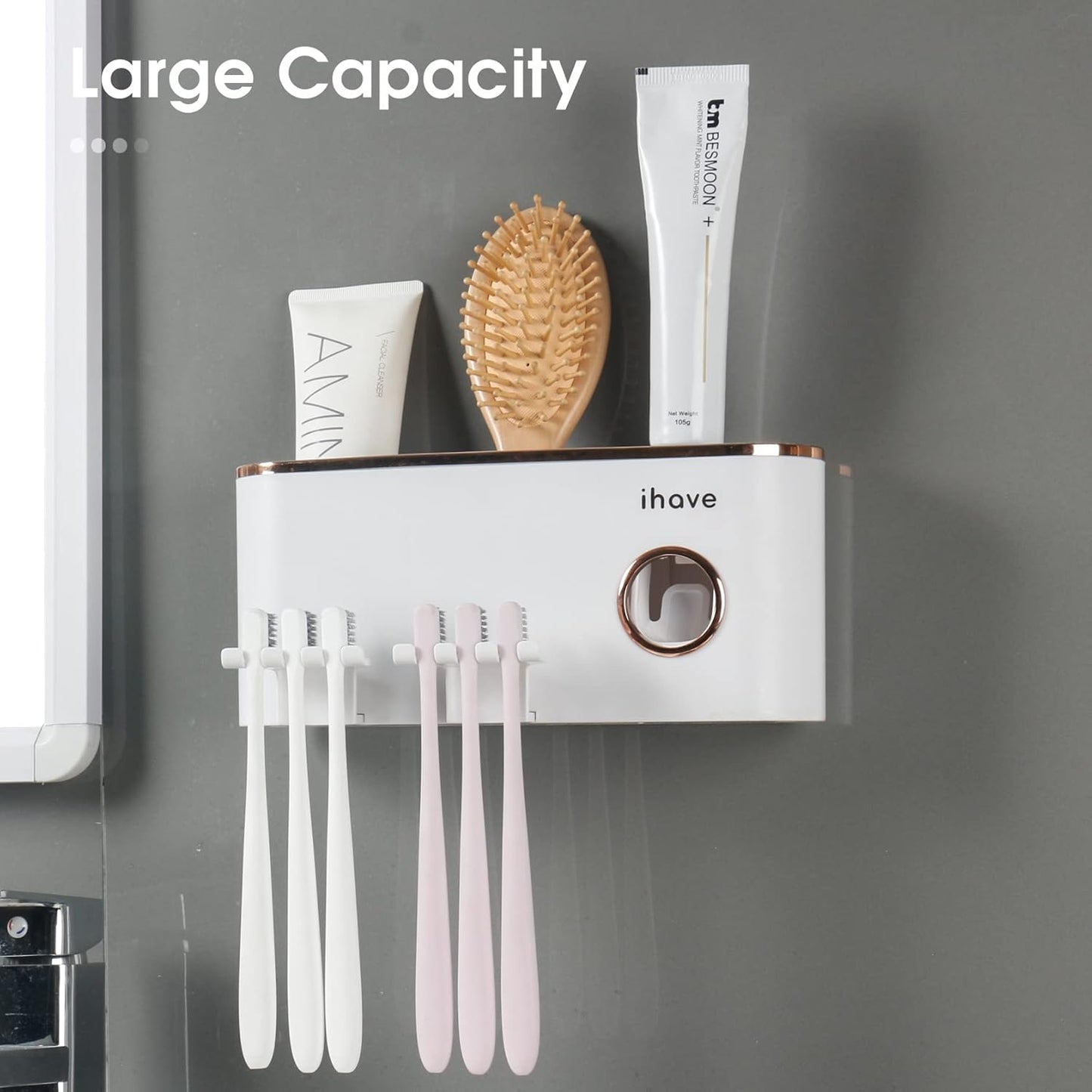 Wall-Mounted Toothbrush Holder with Toothpaste Dispenser and 2 Cups, Bathroom Organizer with Large Capacity Storage, White - PuriLite