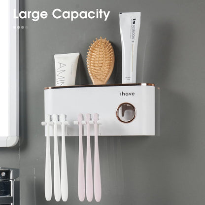 Wall-Mounted Toothbrush Holder with Toothpaste Dispenser and 2 Cups, Bathroom Organizer with Large Capacity Storage, White - PuriLite