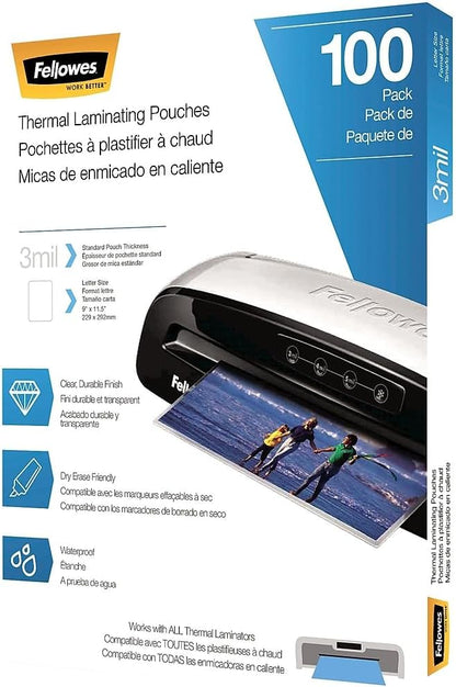 Fellowes Thermal Laminating Pouches, Letter Size Sheets 9 x 11.5-Inches, 3 mil, 200 Pack (5743401), Clear