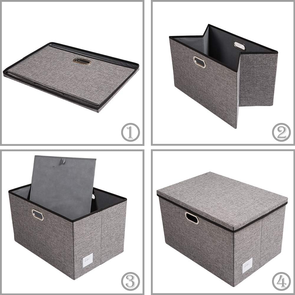 PRANDOM Large Foldable Storage Bin with Lid [1-Pack] Linen Fabric Decorative Storage Box Organizer Containers Basket Cube with Handles Divider for Bedroom Closet Office Living Room (17.7x11.8x11.8")