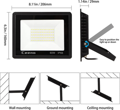 Ceena 2 Pack 60W Plug in LED Flood Light Outdoor, 6000lm Super Bright Floodlight with 5.9FT Wire, IP66 Waterproof 6000K LED Work Light for Garage, Yard, Patio, Front Door