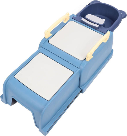 Foldable Baby Shampoo Chair, Adjustable Length Kids Hair Washing Bath Seat with Shampoo Basin and Head Cushion Soft Armrests, Non Slip Bath Chair for Children (Blue)