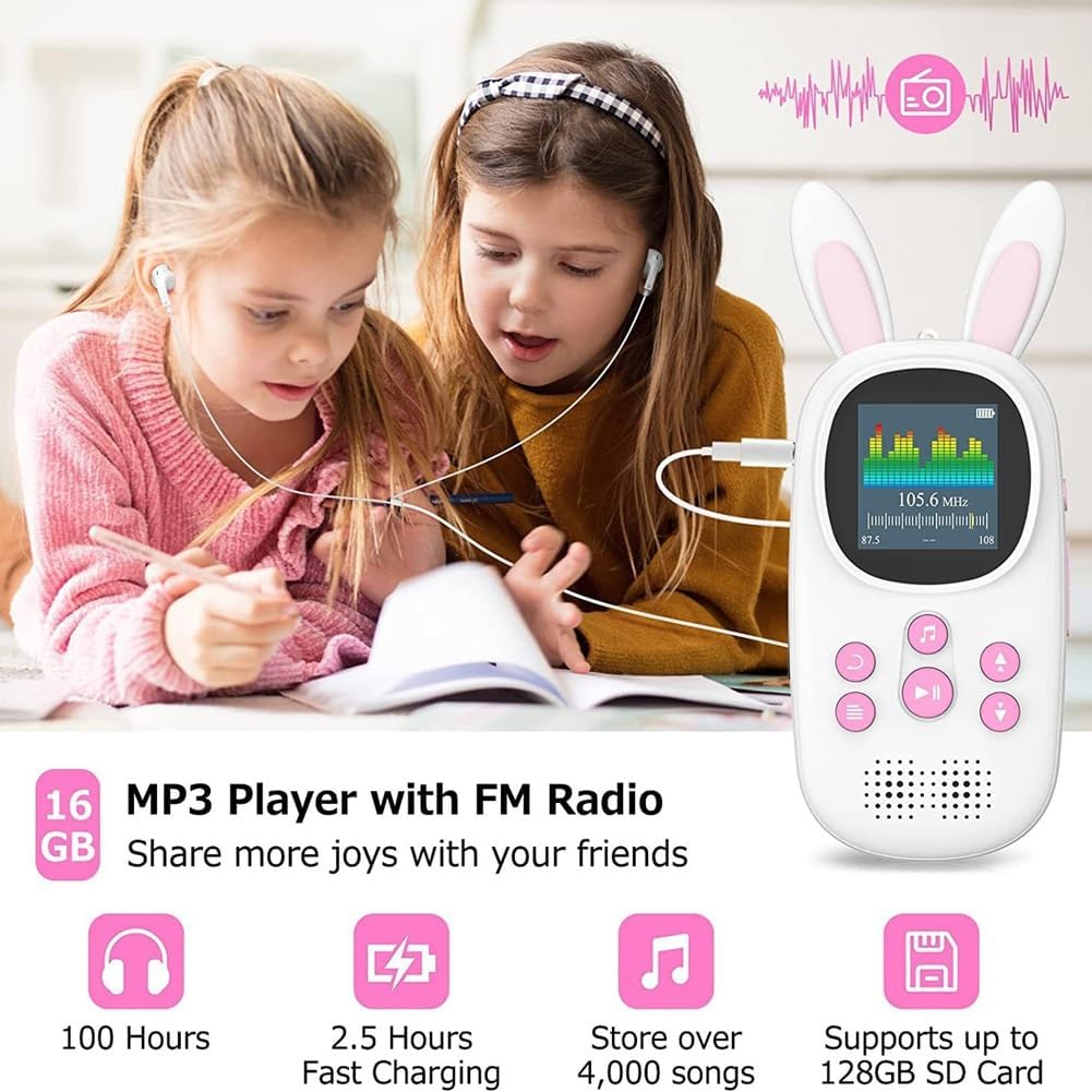 cogae 32GB Music MP3 Player for Kids, Cute Bunny Kids Music MP3 Player with BT, MP3 & MP4 Players with Speaker