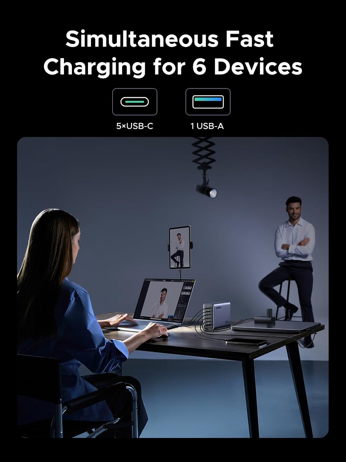 UGREEN Nexode 500W GaN Fast Charging Station 240W Single Port, 6 Ports USB-C and USB-A, Smart Temperature Control, Space-Saving Design, for MacBook, XPS, Laptop, Phone, and More
