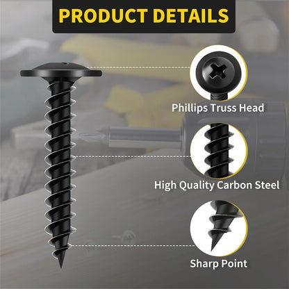 Wood Screws Assortment Kit, FIXLINK 220 PCS High Hardness Truss Head Black Wood Screws Set, Phillips Drive Assorted Screws, Contain 8 Size (,2”,1-5/8”,1-1/2”,1-1/4”,1”,3/4”,5/8”,1/2”), Black