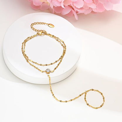 Hand Chain Ring Bracelet For Women, 14k Gold Plated Dainty Cubic Zirconia Minimalist Finger Ring Bracelet, Trendy Stuff Jewelry Gifts To Wife Girfriend Daughter Sister BBF, 17.5cm/7.5cm