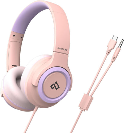 INFURTURE Kids Headphones for School Travel, 94dB Safe Volume Limited, HD Mic Stereo Sound Over-Ear Girls Boys Headphones for Kid, Foldable 3.5mm and USB-C Wired Headphones for iPad Computer