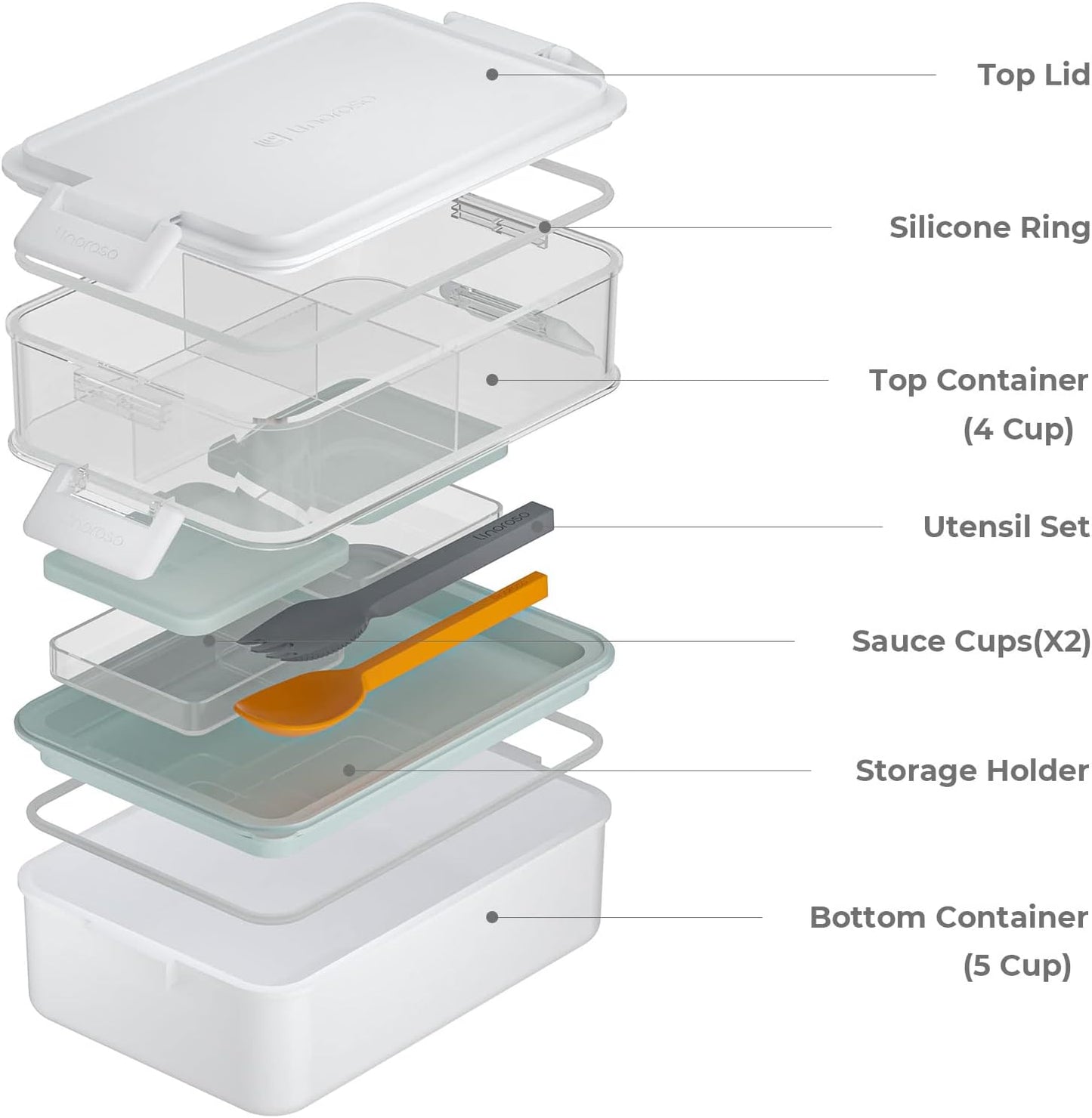 Linoroso Stackable Bento Box Adult Lunch Box | Meet All You On-The-Go Needs for Food, Salad and Snack Box, Premium Bento Lunch Box for Adults Include Utensil Set, Dressing Containers - Pale Mint