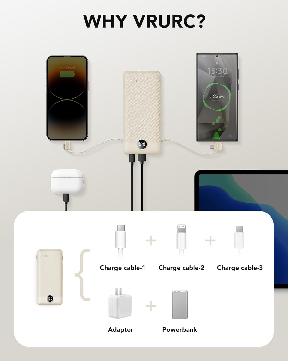 Portable Charger Built-in Cables and AC Wall Plug, VRURC USB C Power Bank 10000mAh, [2025 Upgraded Version] Phone Charger Compact Lightweight External Battery Pack for Smart Phones,Navy Blue