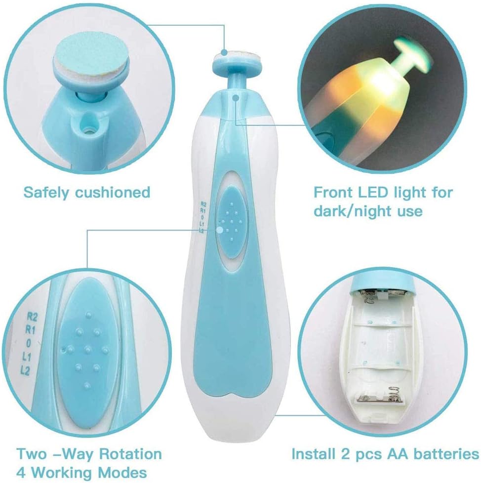 Baby Nail Trimmer File Electric Safe Nail Clippers with Light for Newborn or Toddler Toes and Fingernails (Blue)