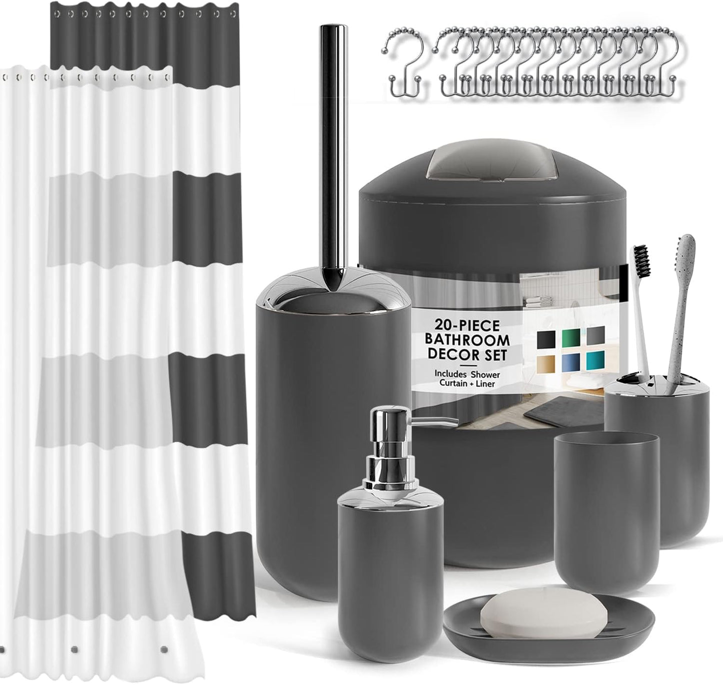 Clara Clark Bathroom Set - Gray Bathroom Accessories Set, Bathroom Sets with Shower Curtain and Rugs, 23PC Shower Curtain Set with Liner, Soap Dispenser, Soap Dish, Toilet Brush Holder, and Trash Can