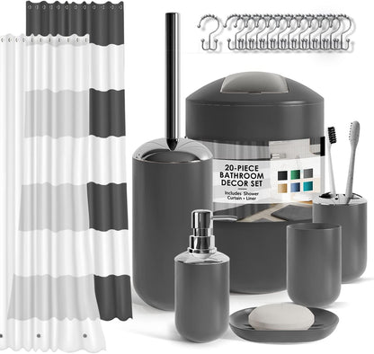 Clara Clark Bathroom Set - Gray Bathroom Accessories Set, Bathroom Sets with Shower Curtain and Rugs, 23PC Shower Curtain Set with Liner, Soap Dispenser, Soap Dish, Toilet Brush Holder, and Trash Can