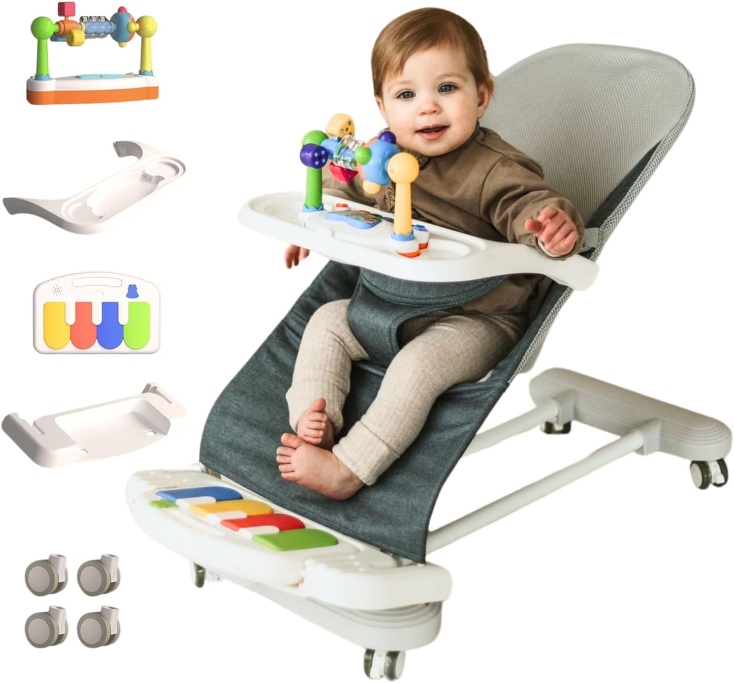 CuddoBaby Baby Bouncer 4-in-1 on Wheels |Detachable Pianos, Feeding Tray| 3-Level Recline Foldable Seat with Play Bar for Infant to Toddler 0-6, 0-12, 12-24 Months, Baby Gift Idea- Blue