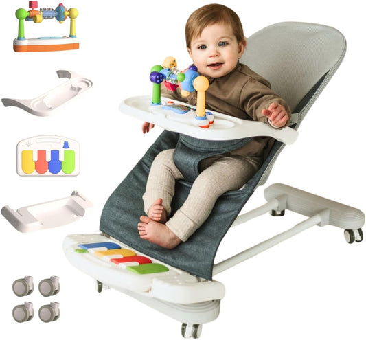 CuddoBaby Baby Bouncer 4-in-1 on Wheels |Detachable Pianos, Feeding Tray| 3-Level Recline Foldable Seat with Play Bar for Infant to Toddler 0-6, 0-12, 12-24 Months, Baby Gift Idea- Blue