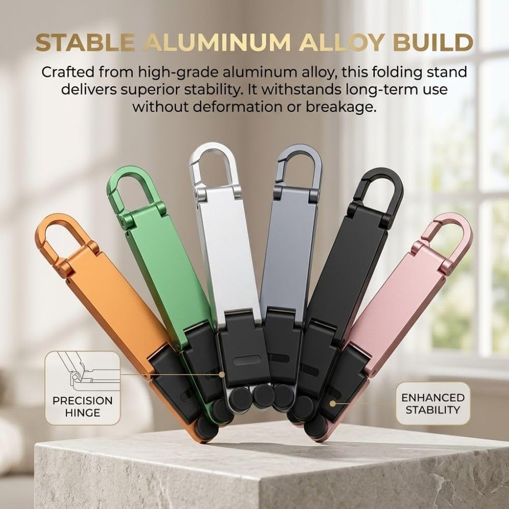 Portable Mini Aluminum Phone Stand, Ultra-Compact Foldable Holder，7PC Mixed Universal Phone Stand with Solid Alloy Body, Built-in Keychain Hook, Fully Adjustable Desktop Support Design for Most Phones