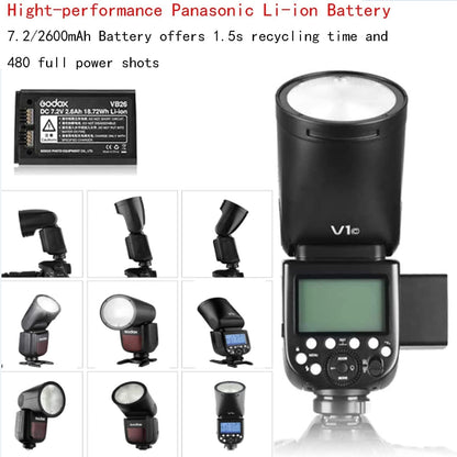 Godox V1 V1-C V1C Round Head Camera Flash for Canon Flash Speedlite Speedlight Light,76Ws 2.4G TTL1/8000 HSS,480 Full Power Shots,1.5s Recycle Time,2600mAh Li-ion Battery,10 Levels LED Modeling Lamp