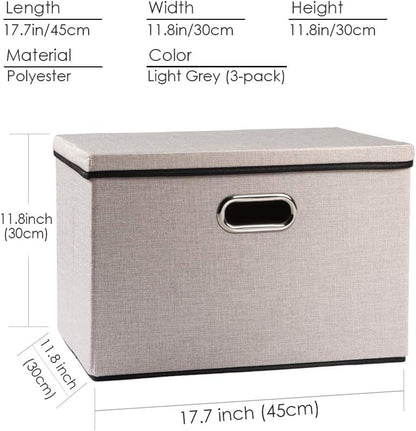 PRANDOM Large Foldable Storage Bin with Lid [1-Pack] Linen Fabric Decorative Storage Box Organizer Containers Basket Cube with Handles Divider for Bedroom Closet Office Living Room (17.7x11.8x11.8")