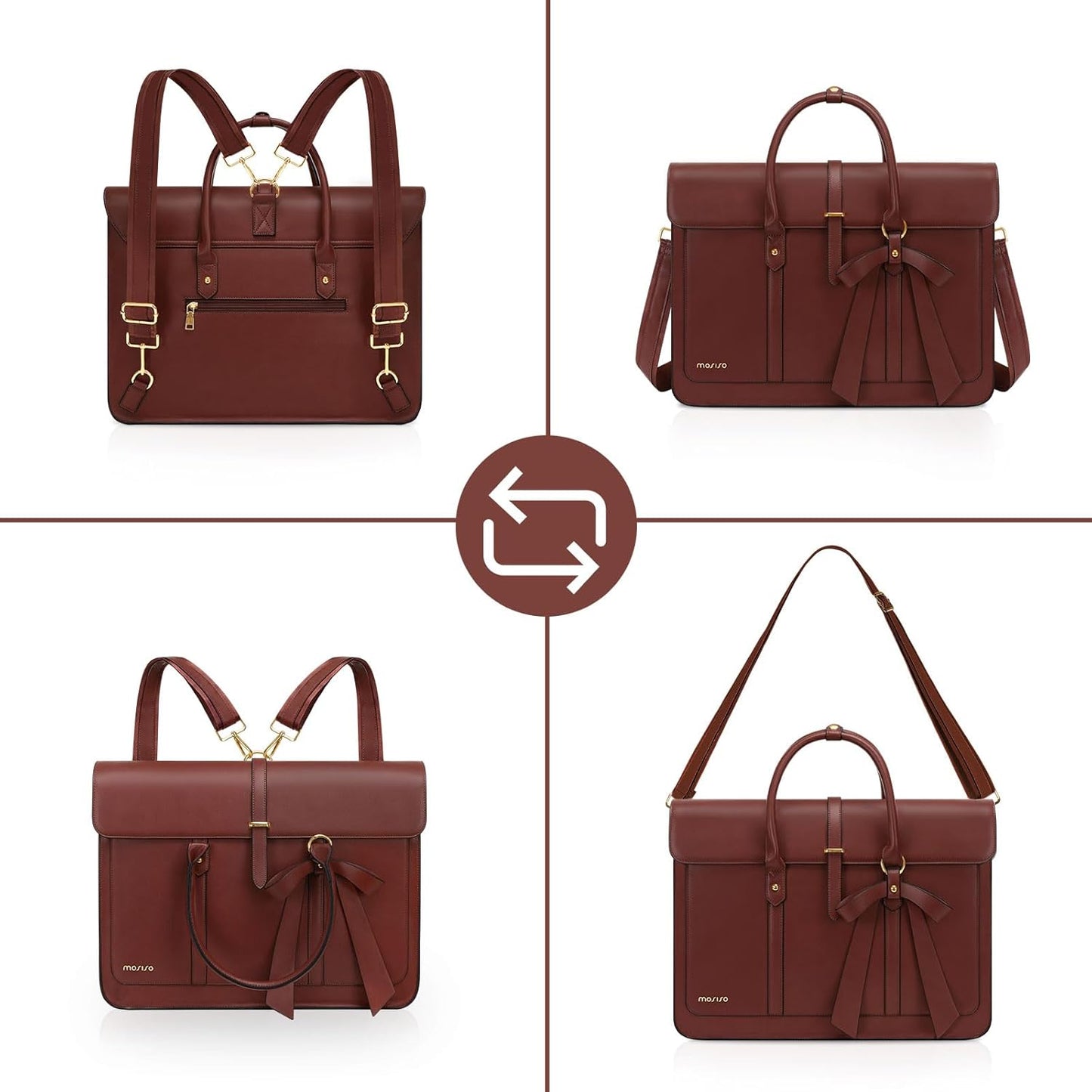 MOSISO Laptop Bag for Women, PU Leather Laptop Shoulder Bag Convertible Backpack, Work Travel Computer Bag with Bowknot - PuriLite