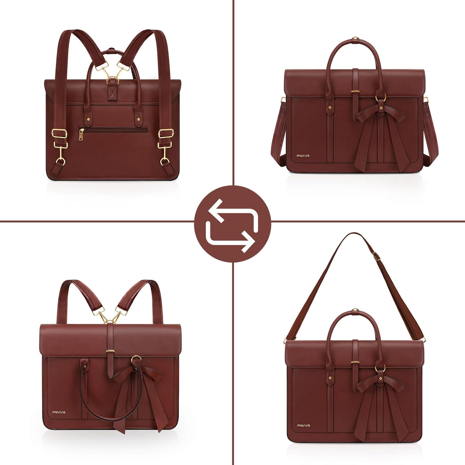 MOSISO Laptop Bag for Women, PU Leather Laptop Shoulder Bag Convertible Backpack, Work Travel Computer Bag with Bowknot - PuriLite