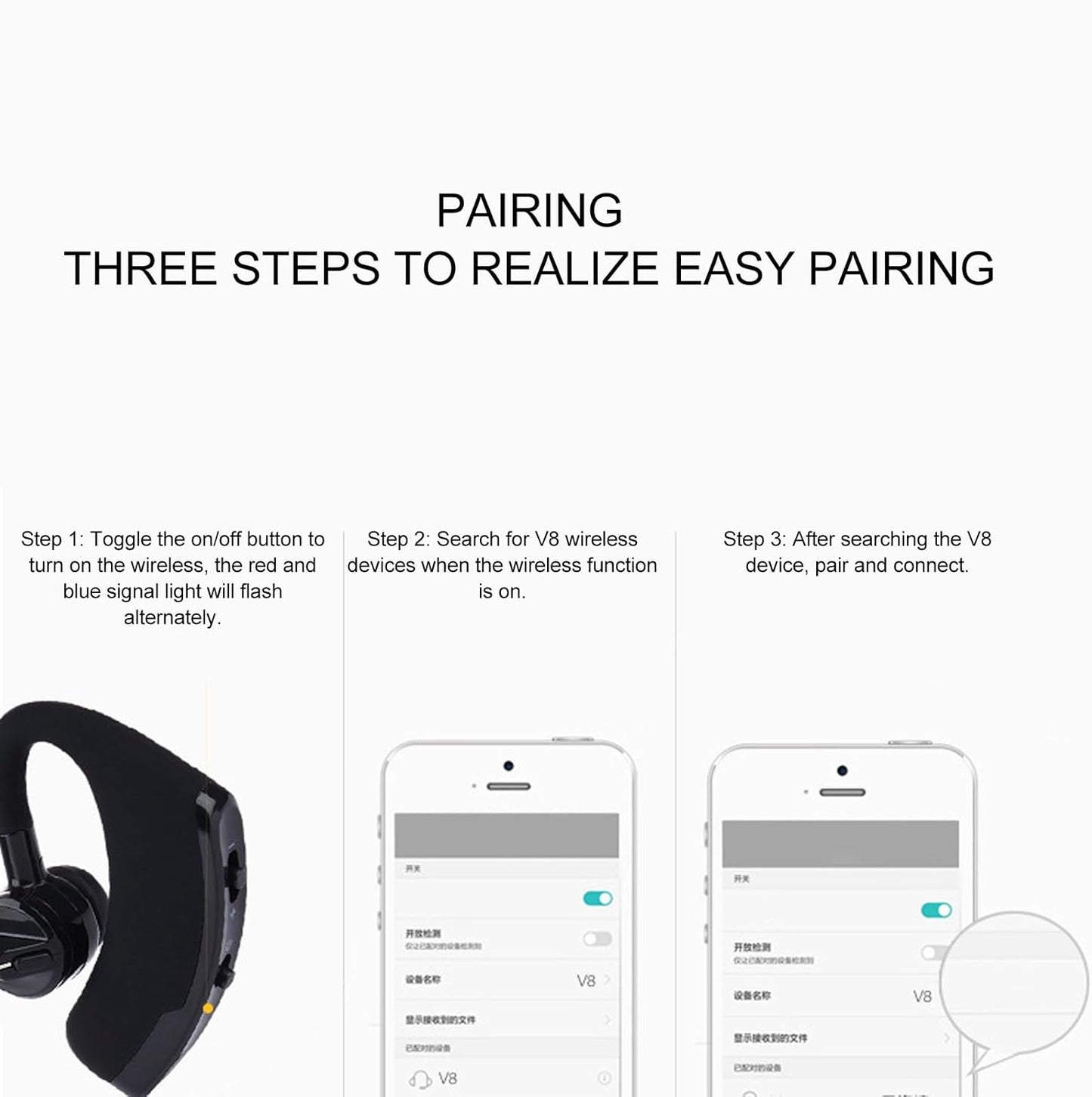 BT Earpiece, Cordless Handsfree Headset with Microphone, Noise Cancelling Single Ear Headset, Driving BT Headset for Phone Business Office Cell Phone
