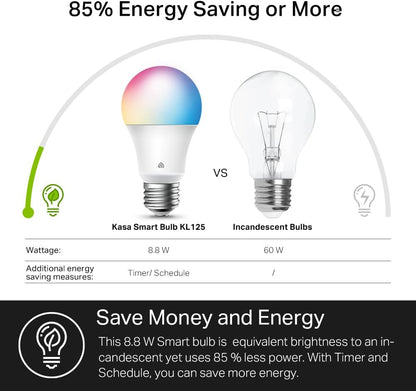 Kasa Smart Light Bulbs, Full Colour Changing Dimmable Smart WiFi Bulbs Compatible with Alexa and Google Home, A19, 9W 800 Lumens,2.4Ghz only, No Hub Required, 2-Pack (KL125P2), Multicolour