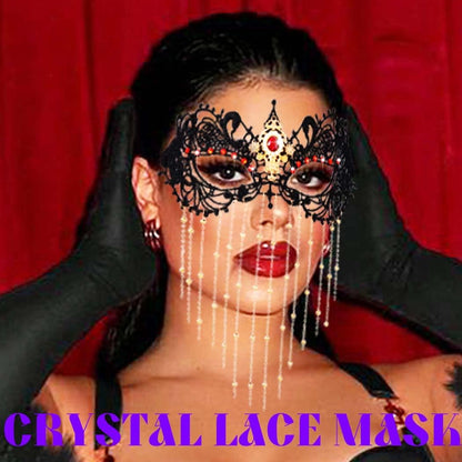 Obmyec Masquerade Lace Mask Costume Eye Mask Tassels Face Masks Rhinestone Black Mask for Women and Girls