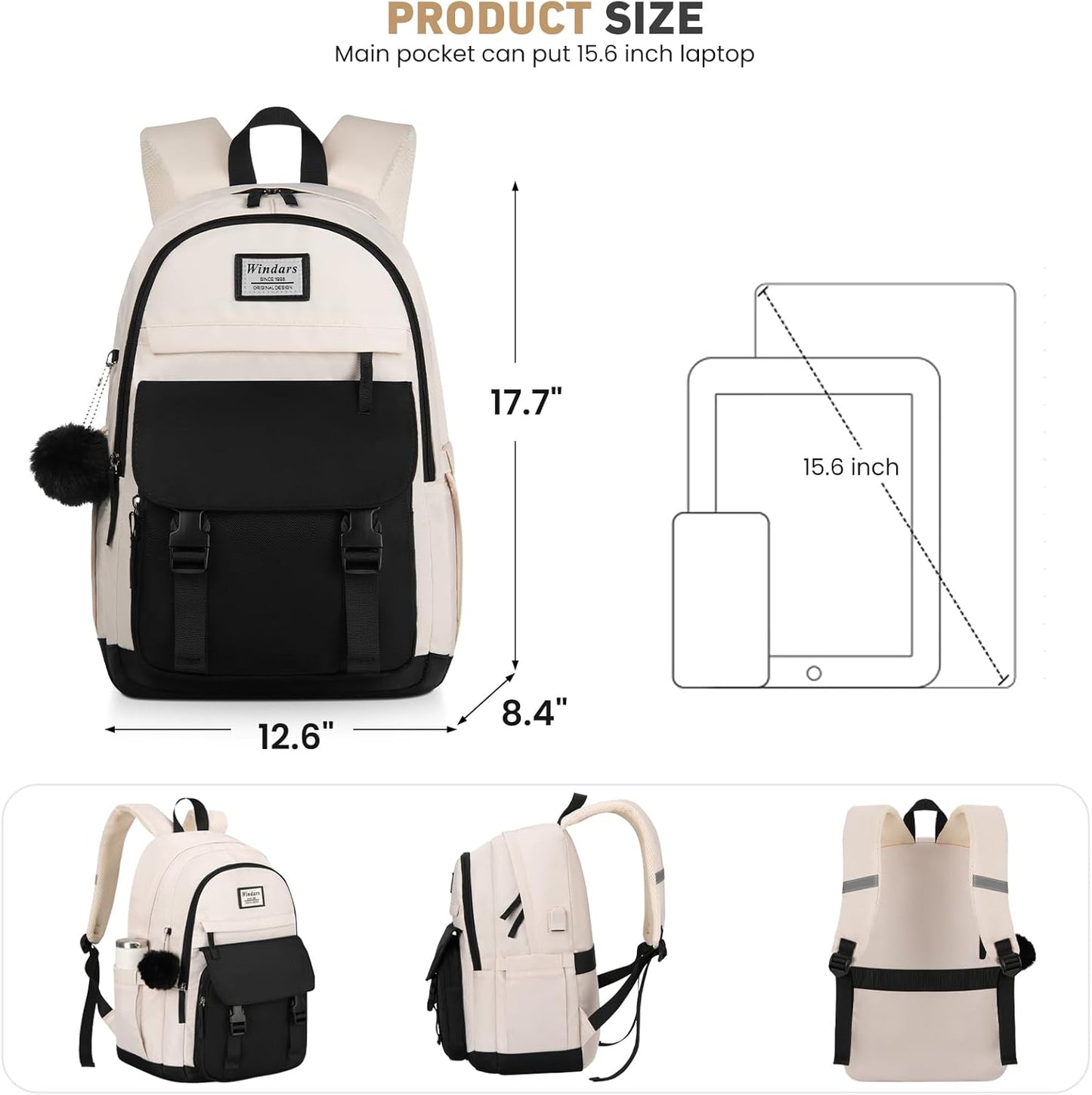 WINDARS School Backpack for Teen Girls, Cute College Backpacks for Women Students Aesthetic Bookbag Large 15.6 Inch Laptop Bag Middle School Travel Back Pack (Khaki Beige)