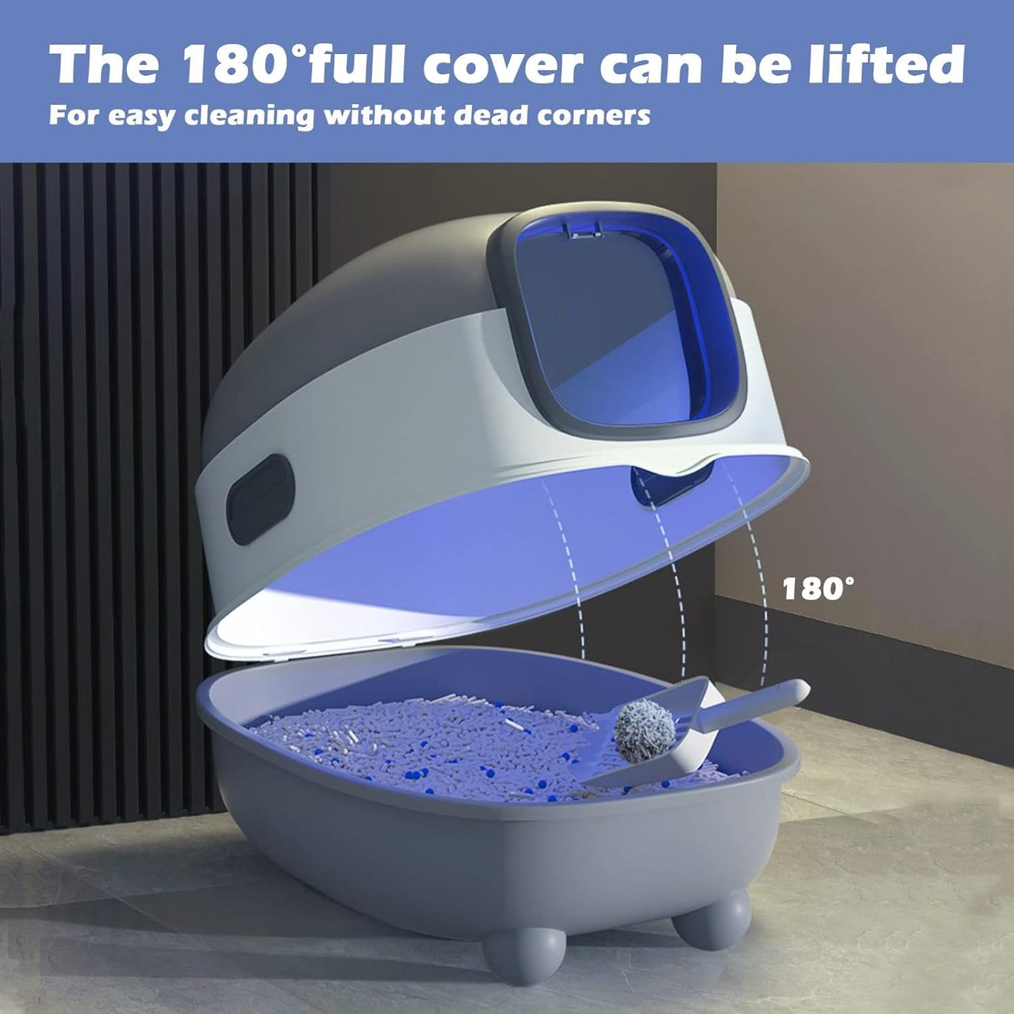 Ultra Large Fully Enclosed Cat Litter Box,Self Cleaning Cat Litter Tray for Cats with Automatic Anti-Sand Cage,Easy to Clean,Deodorize,Splash Proof Litter Box with Lid,55x38x36cm (Blue)