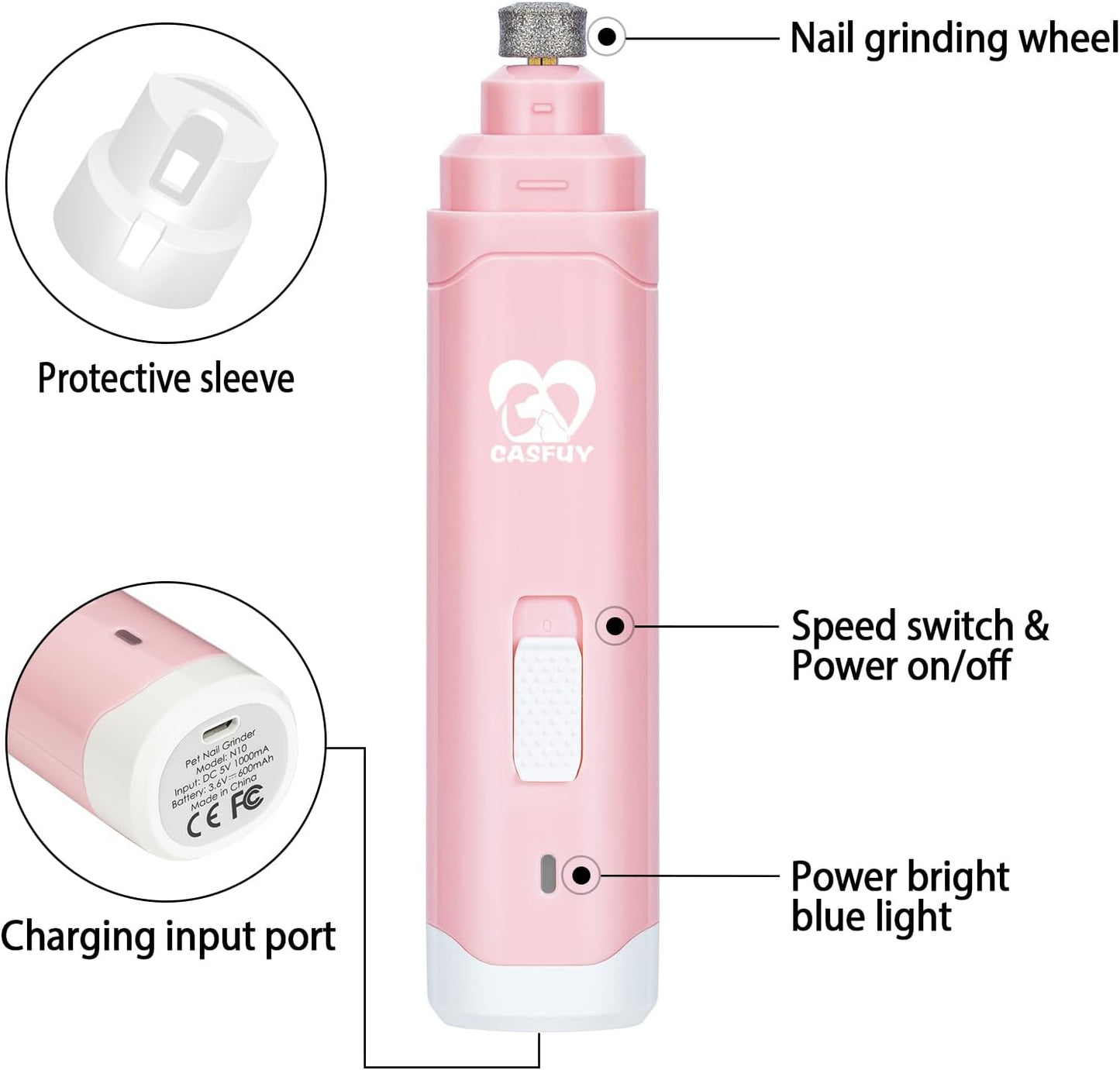 Casfuy Dog Nail Grinder Upgraded - Professional 2-Speed Electric Rechargeable Pet Nail Trimmer Painless Paws Grooming & Smoothing for Small Medium Large Dogs & Cats (White)