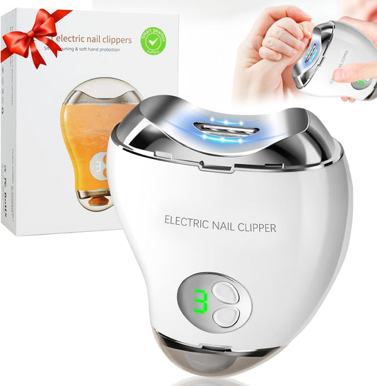 Bvrocio Electric Nail Clipper, 2 in 1 Automatic Nail Trimmer & Nail File, 3 Speeds LCD Digital Display, USB Rechargeable Safety Fingernail Trimmer with Nail Clip Storage for Baby (White)