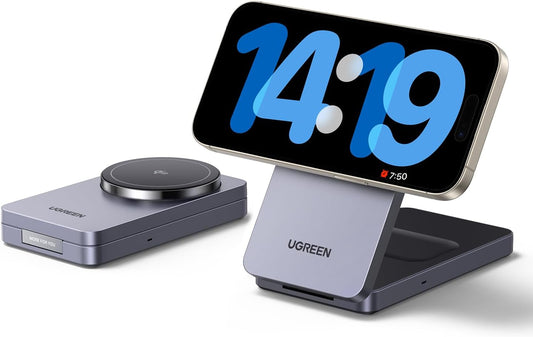 UGREEN Qi2 15W 2 in 1 Wireless Charging Station Magsafe Qi2 Certified Foldable Fast Charger Stand Compatible with iPhone16 iPhone 15-12 Series, AirPods Pro/2/3/4, Portable Travel Dock (No Adapter)